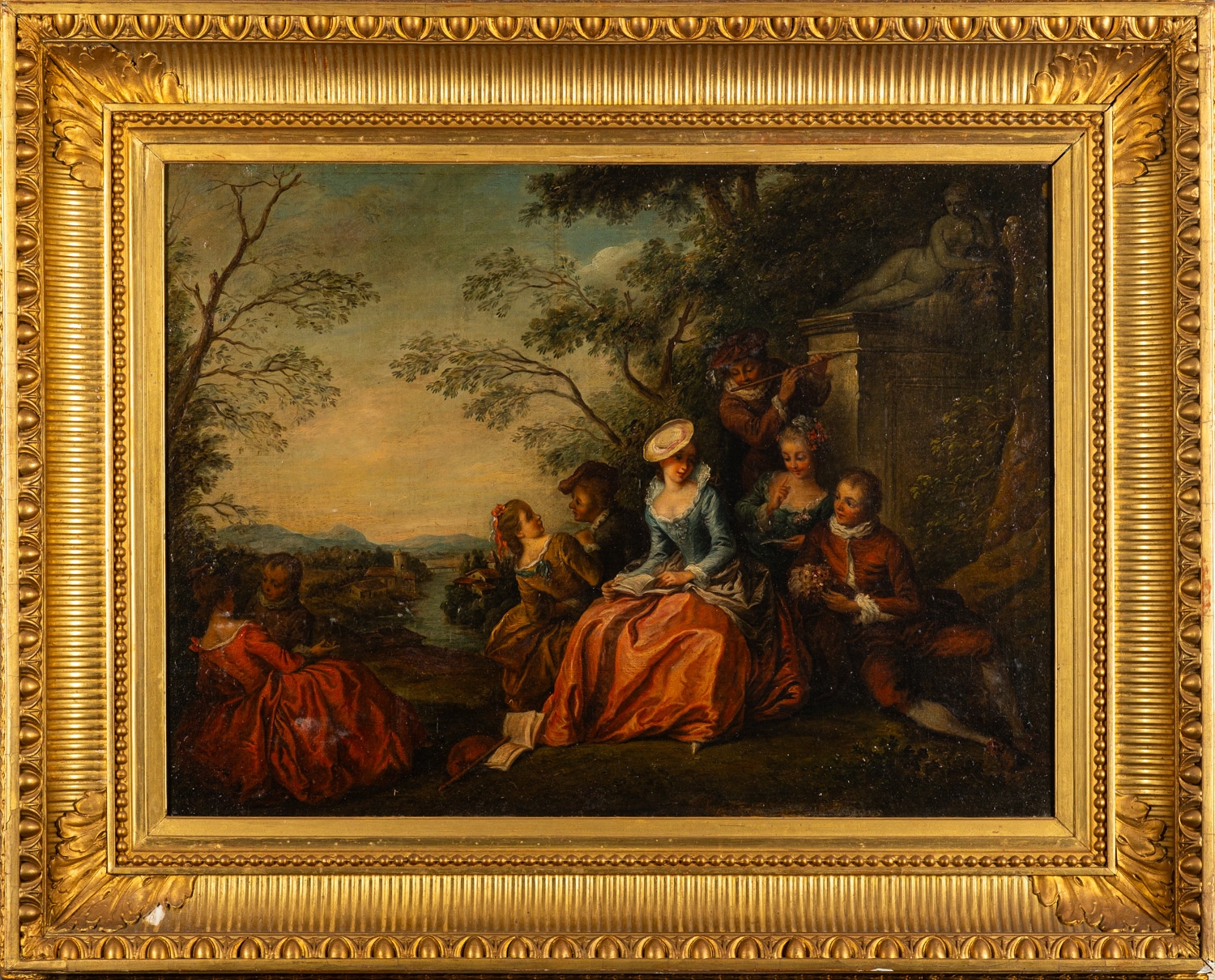 Artwork by Jean-Antoine Watteau, Fête champêtre, with river landscape unfolding beyond (possibly a representation of Fêtes Vénitiennes) -
Oil on canvas, Made of Oil on canvas