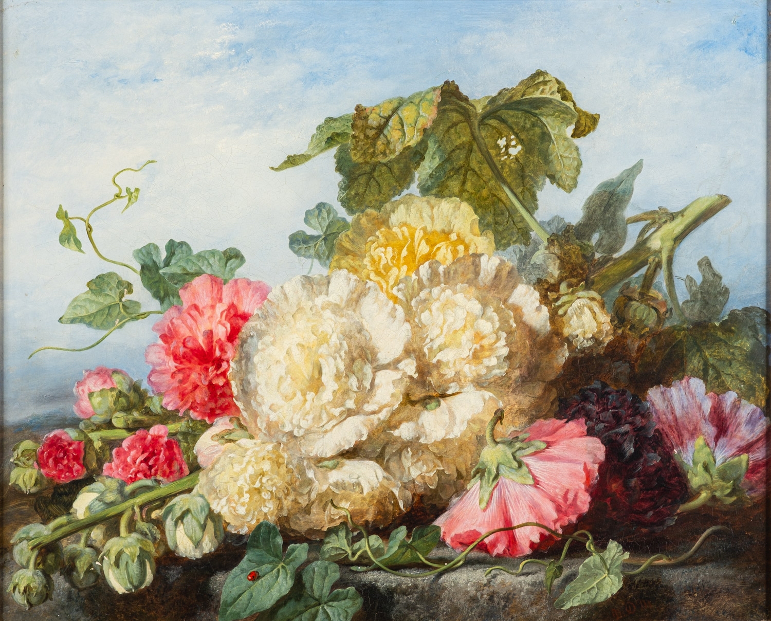 Artwork by Martha Darlay Mutrie, Still life of flowers and pumpkin leaves, ladybird in the foreground -
Oil on board, Made of Oil on board