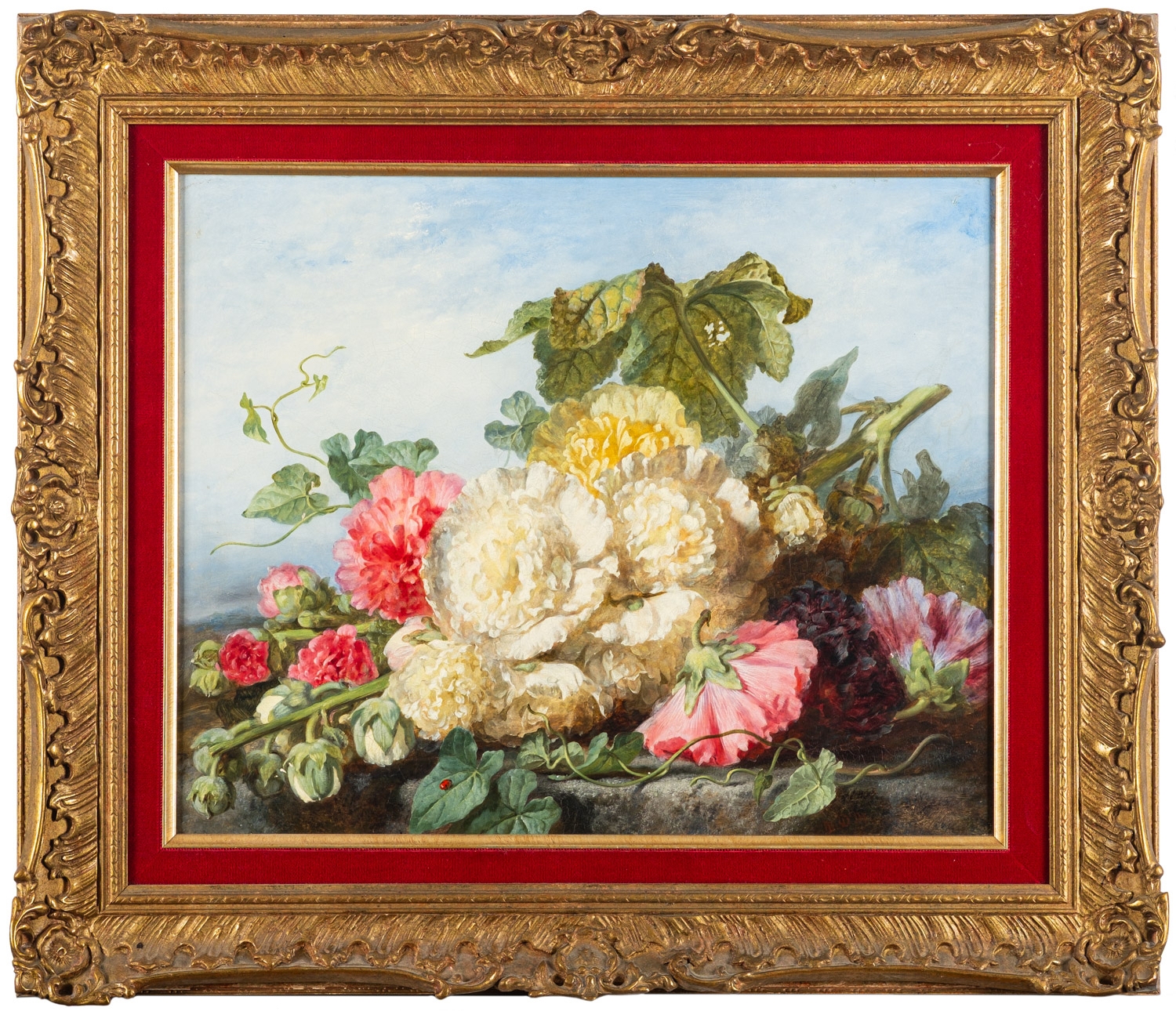 Artwork by Martha Darlay Mutrie, Still life of flowers and pumpkin leaves, ladybird in the foreground -
Oil on board, Made of Oil on board