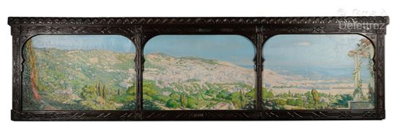 View of Algiers Three . Signed lower right.  (Lifting) In an orientalist wood frame decorated with arcatures. by L. Monard