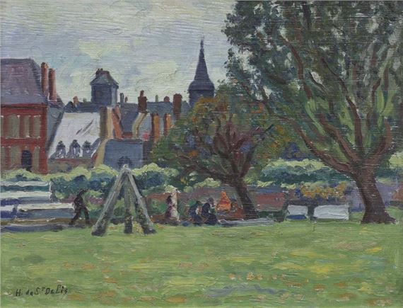 Henri de Saint Delis 1878-1949 Garden with figures in Honfleur Oil on panel signed lower left 27 X 35 cm by Henri Liénard de Saint-Délis