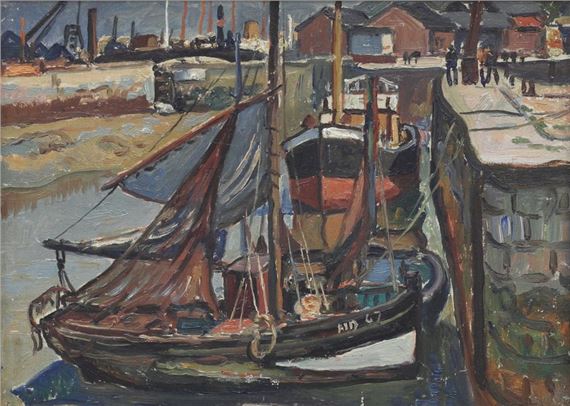 Henri de Saint Delis 1878-1949 Boats at Quay in the Grand Basin at Honfleur Oil on panel signed lower left 24.5 X 33 cm by Henri Liénard de Saint-Délis