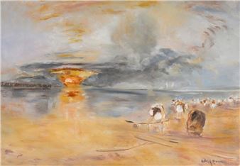 Patrick ROUSSEAU (born 1962) Fishermen on the beach at sunset Oil on canvas (framed under glass). 23 x 33 cm - Patrick Rousseau