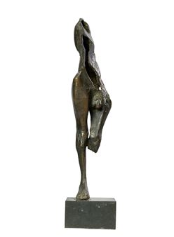 A patinated bronze figural sculpture of a single-legged figure mounted on a rectangular marble base - Vezhdi Rashidou