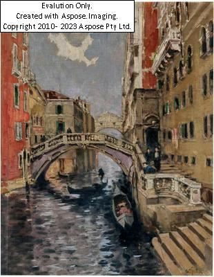 (1863-1929 Wien) Venedig, Ponte dei Sospiri, signiert Al. Pflügl, rückseitig Klebeetikett mit Bezeichnung "Angekauft v. Hofrätin Pflügl", Öl auf Leinwand auf Karton, 54 x 42 cm, gerahmt (Rahmen beschädigt) by Alfred Edler von Pflügl