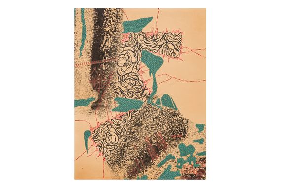 A mixed-media collage featuring a central floral motif surrounded by abstract textures and geometric shapes.