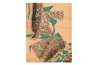 A mixed-media collage featuring a central floral motif surrounded by abstract textures and geometric shapes.