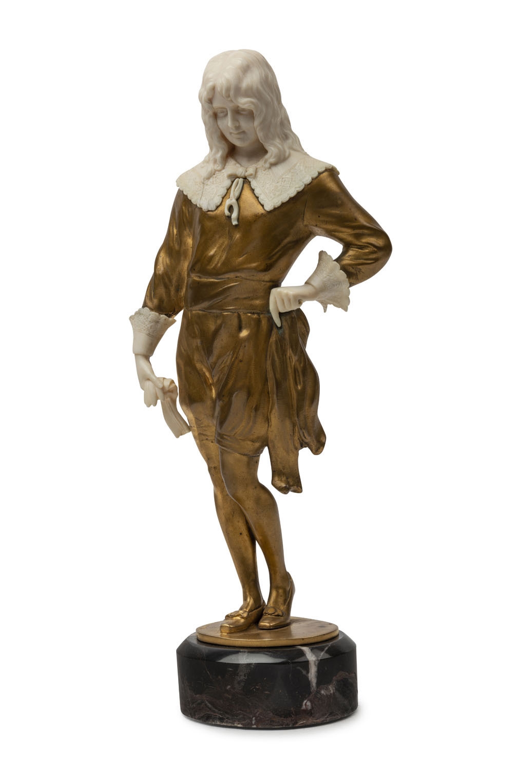 Artwork by Rudolf Marcuse, Chryselephantin Precious Miss, Made of gilt bronze and carved ivory on marble plinth