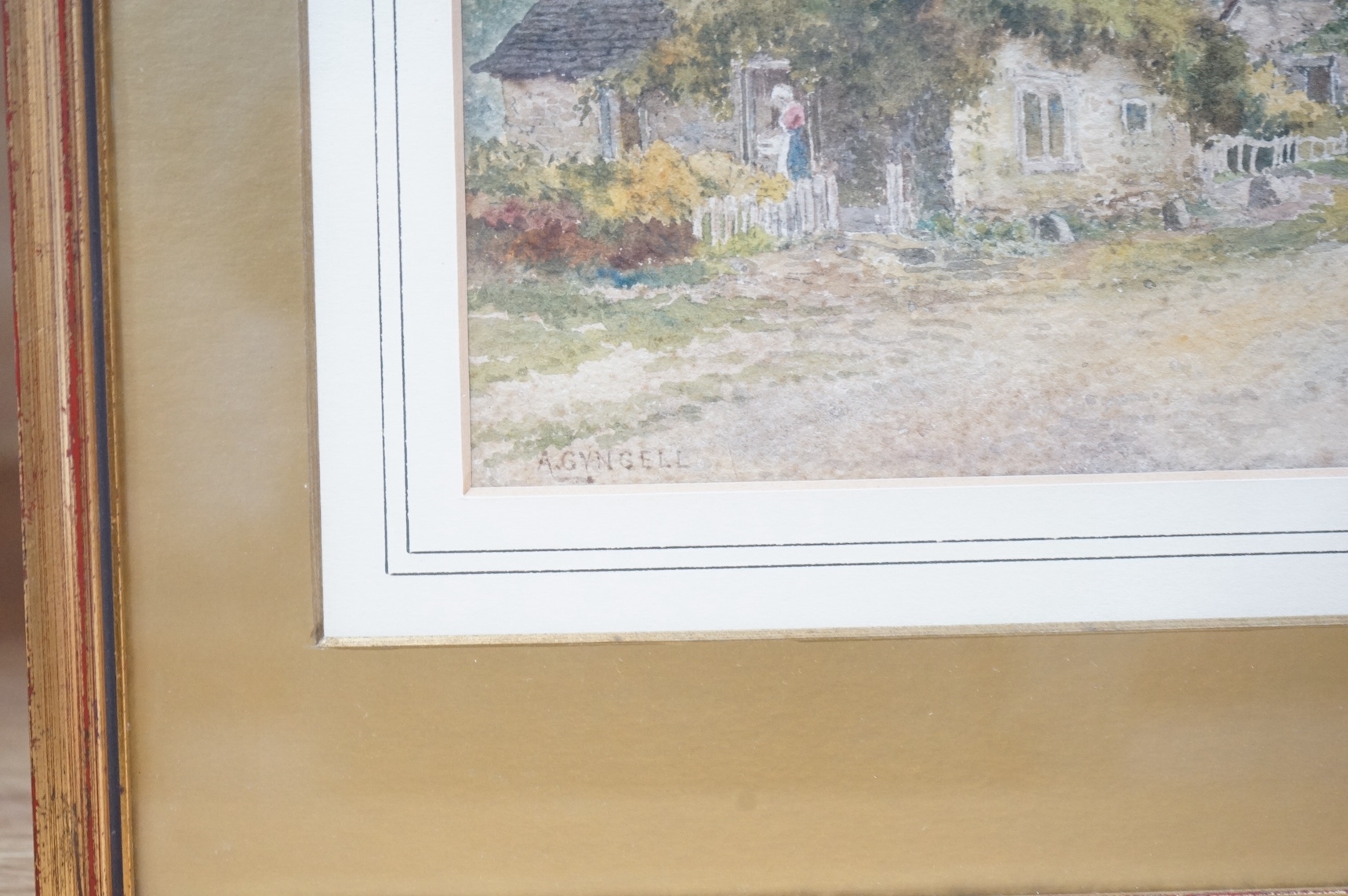 A soft watercolor landscape of a rural cottage scene with a figure at the doorway.
