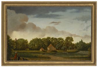 The Weir at Canford Manor, with a gentleman sketching, observed by a lady and two dogs - Thomas Bremond