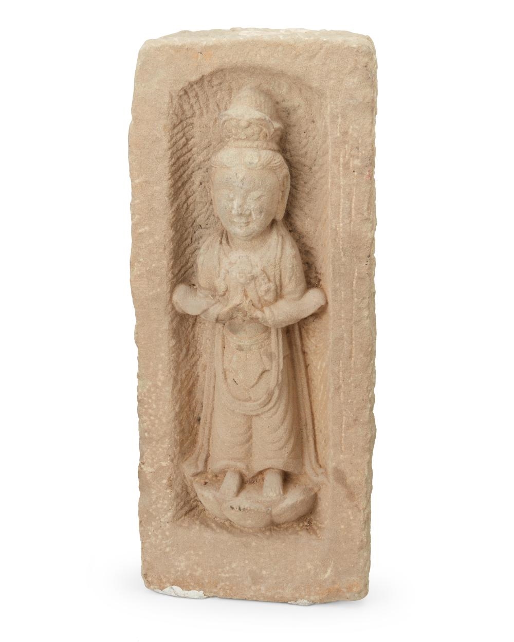 Artwork by Chinese School, A Chinese carved stone standing Bodhisattva stele, Made of sandstone
