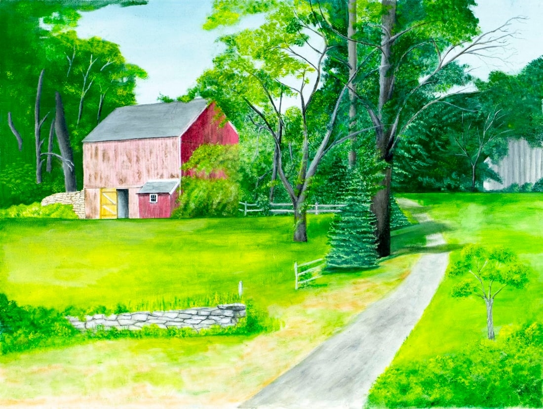 Artwork by Evelyn S. Dubiel, Landscape with Red Barn, Made of oil on canvas