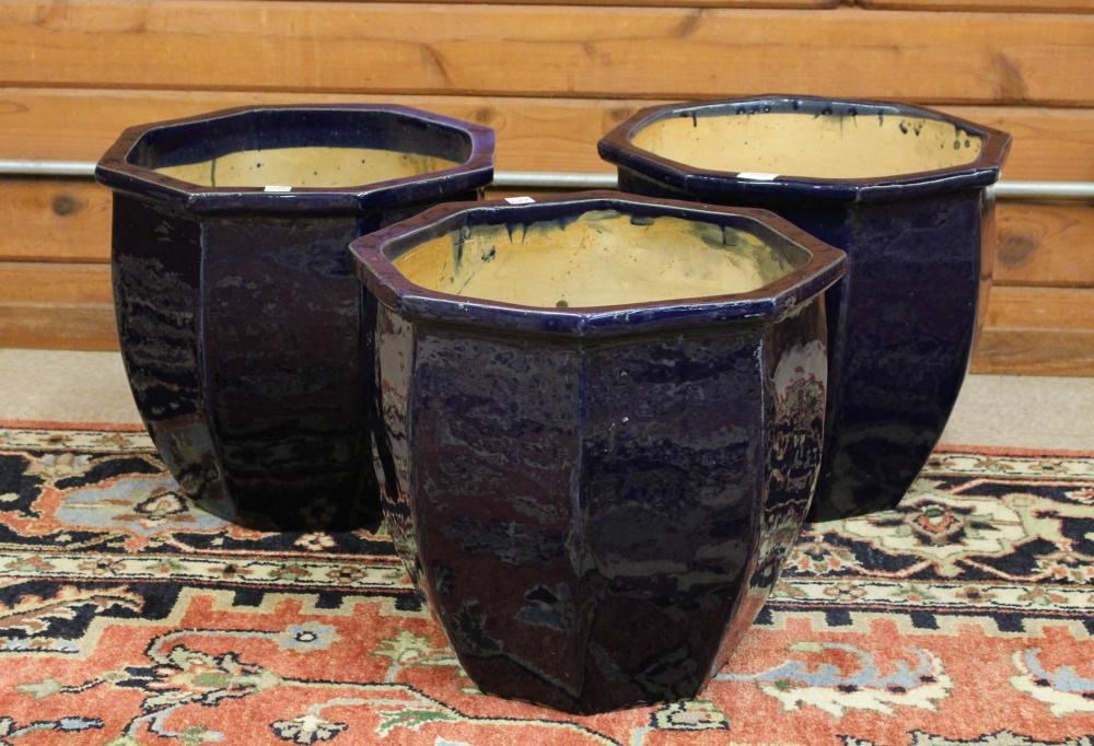 Planters | SET OF THREE OCTAGONAL POTTERY PLANTERS | MutualArt