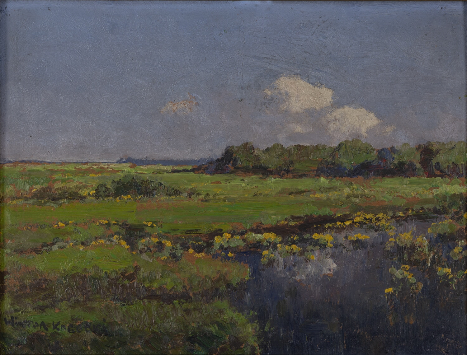 Artwork by Wiktor Korecki, Pejzaz z kaczencami oil/paperboard, Made of oil/paperboard