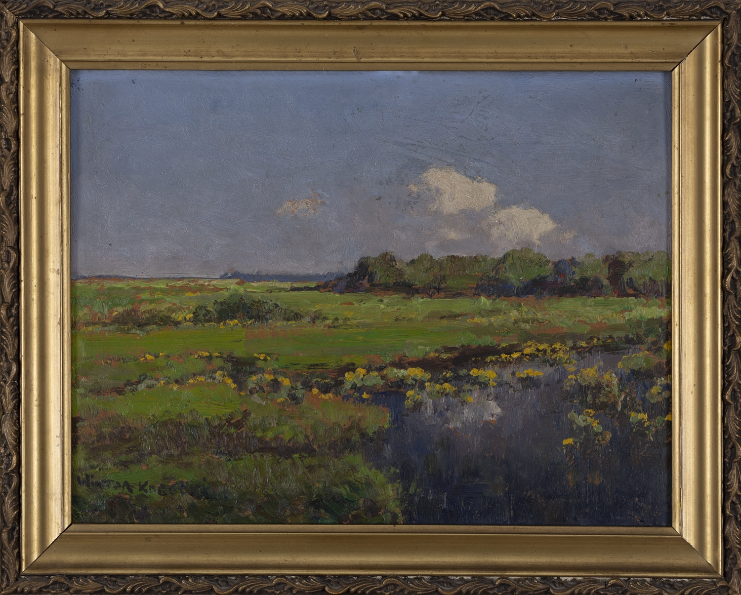 Artwork by Wiktor Korecki, Pejzaz z kaczencami oil/paperboard, Made of oil/paperboard