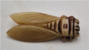 FRENCH ART NOUVEAU CARVED HORN CICADA BUG BROOCH Signed Depo - Depose