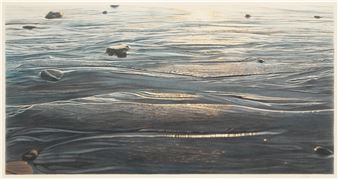 A realistic painting of a frozen lake with scattered rocks and shimmering ice textures.