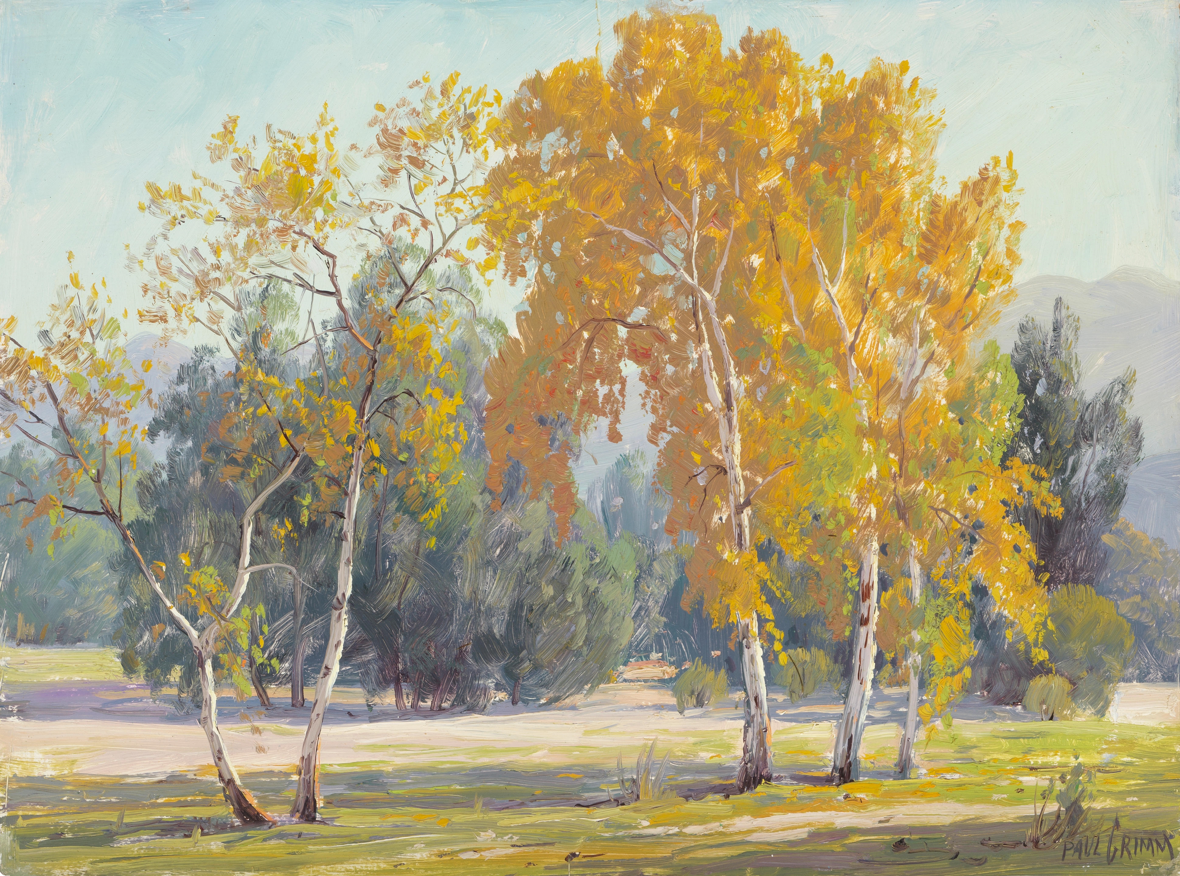 Artwork by Paul Grimm, Near Riverside California, Golden Sycamores and Mountain & Trees, Made of oil on board