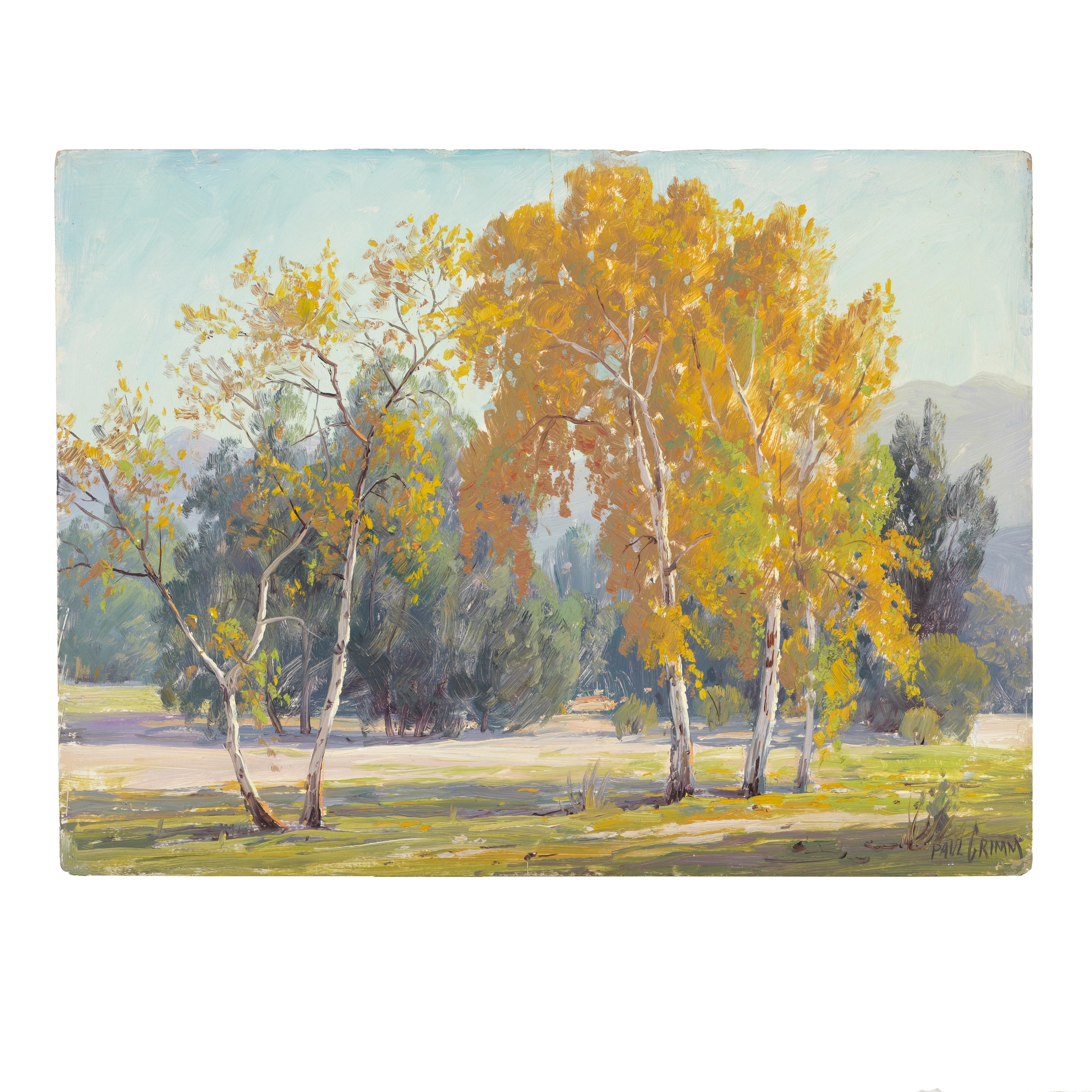 Artwork by Paul Grimm, Near Riverside California, Golden Sycamores and Mountain & Trees, Made of oil on board