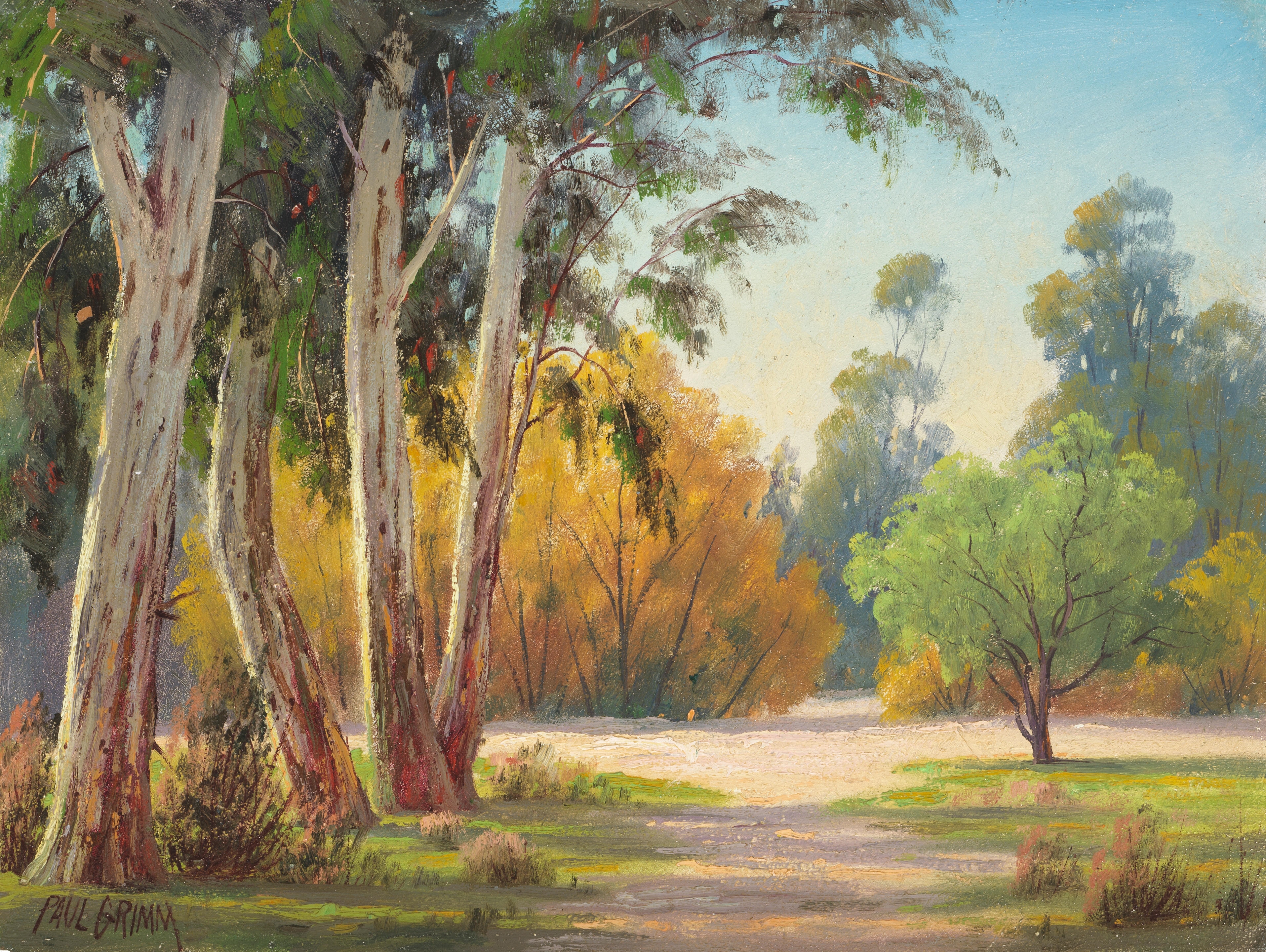 Artwork by Paul Grimm, Near Riverside California, Golden Sycamores and Mountain & Trees, Made of oil on board