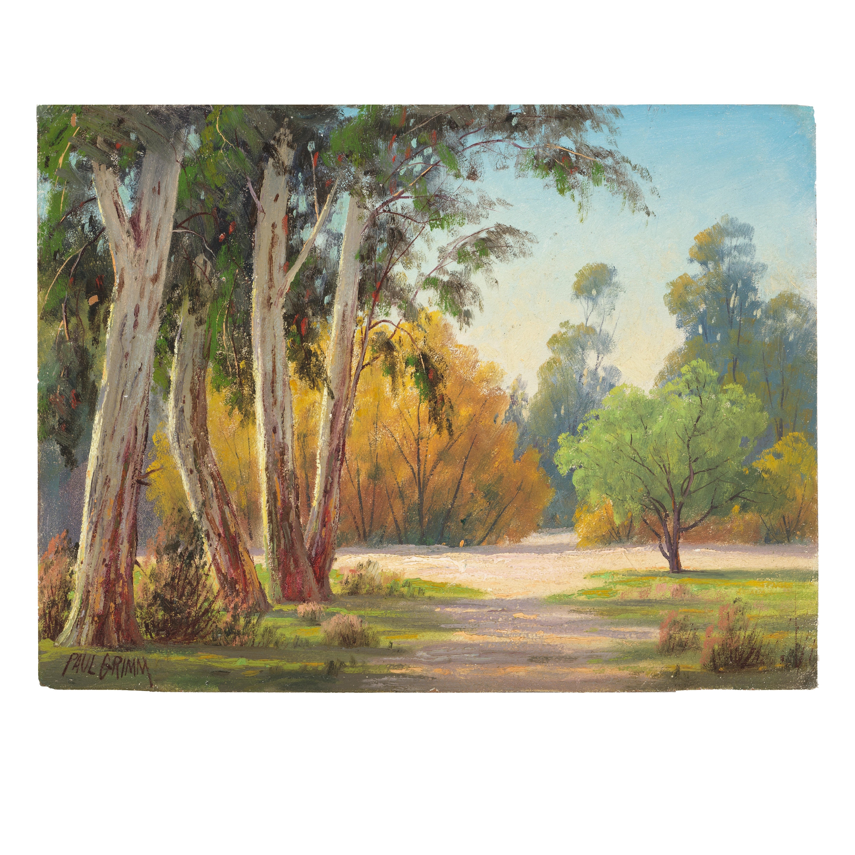 Artwork by Paul Grimm, Near Riverside California, Golden Sycamores and Mountain & Trees, Made of oil on board