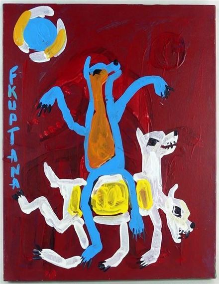 A surreal painting featuring a blue multi-limbed figure riding two white dogs against a deep red background.