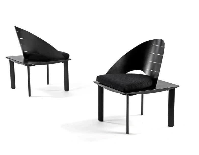 Artwork by Patrice Bonneau, Pair of armchairs, Made of Black lacquered metal structure
