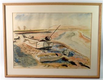 Ann Spencer - watercolour estuary scene with boats at low tide, 36 x 51cm - Ann Spencer