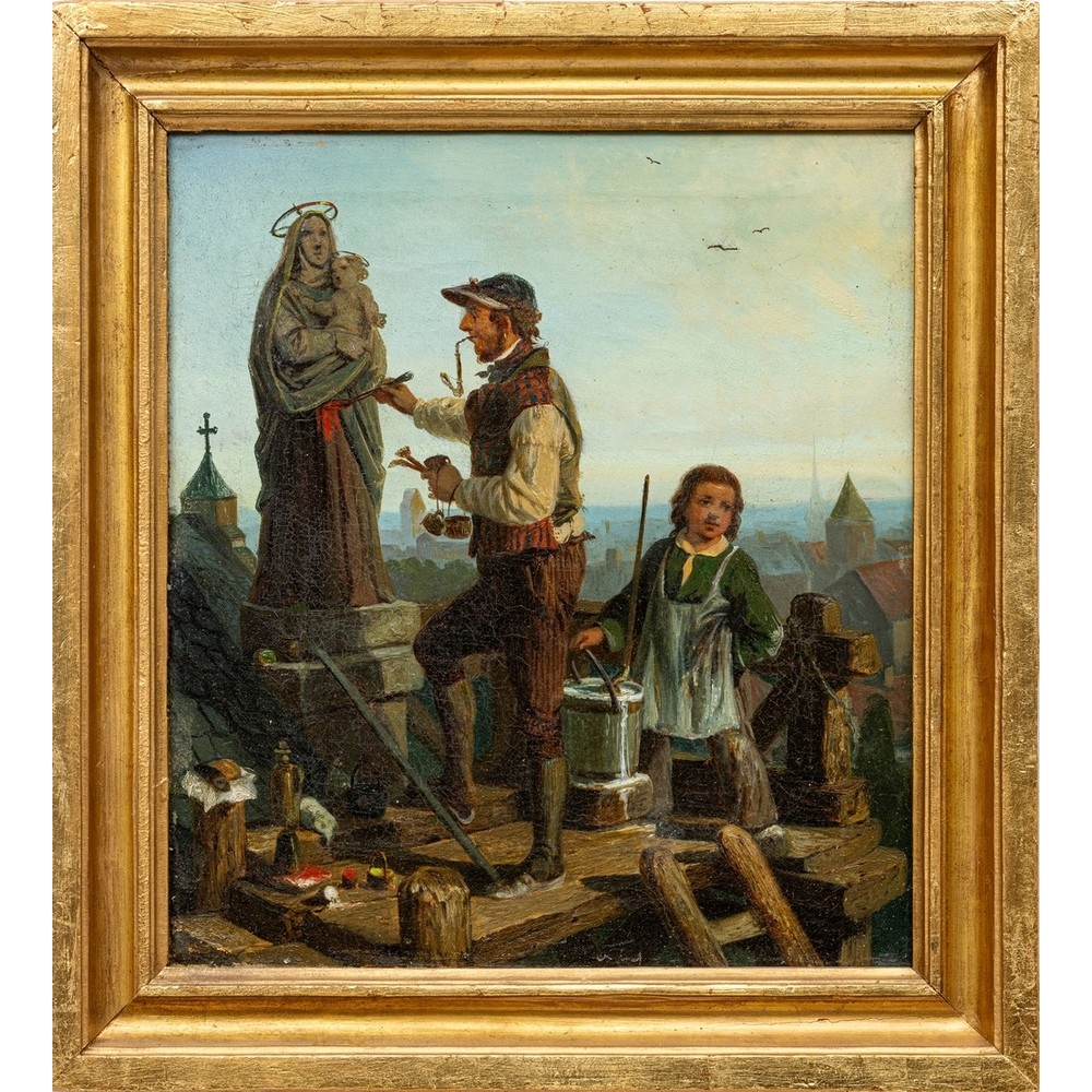 Artwork by Toullion, Tony, Restaurautor bei der Arbeit an einer Madonnenstatue über den Dächern einer Stadt, Made of oil on canvas