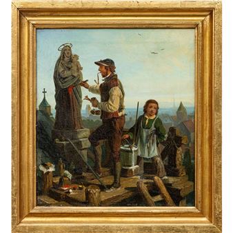 Restaurautor bei der Arbeit an einer Madonnenstatue über den Dächern einer Stadt - Toullion, Tony