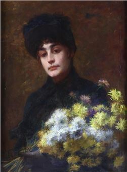 Portret van elegante dame met chrysanten - Eugène Verdyen