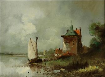 Zeilschip langs oever - Hugh van Dongen