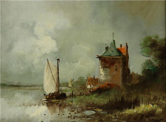 Zeilschip langs oever - Hugh van Dongen
