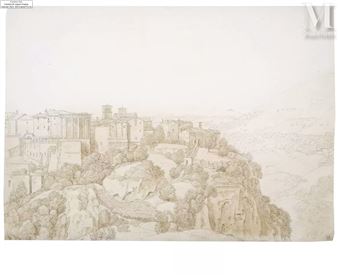 A delicate pencil sketch of a hillside village nestled among rocky terrain and sparse vegetation.