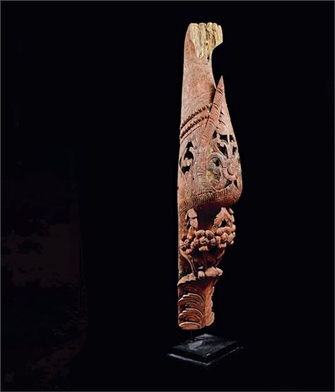 THAILAND - 19th century Large chofa (roof ornament) in partially red lacquered wood with openwork and carved decoration of flowers and large stylized foliage. (Missing). Height : 143 cm by Thai School, 19th Century, 19th century