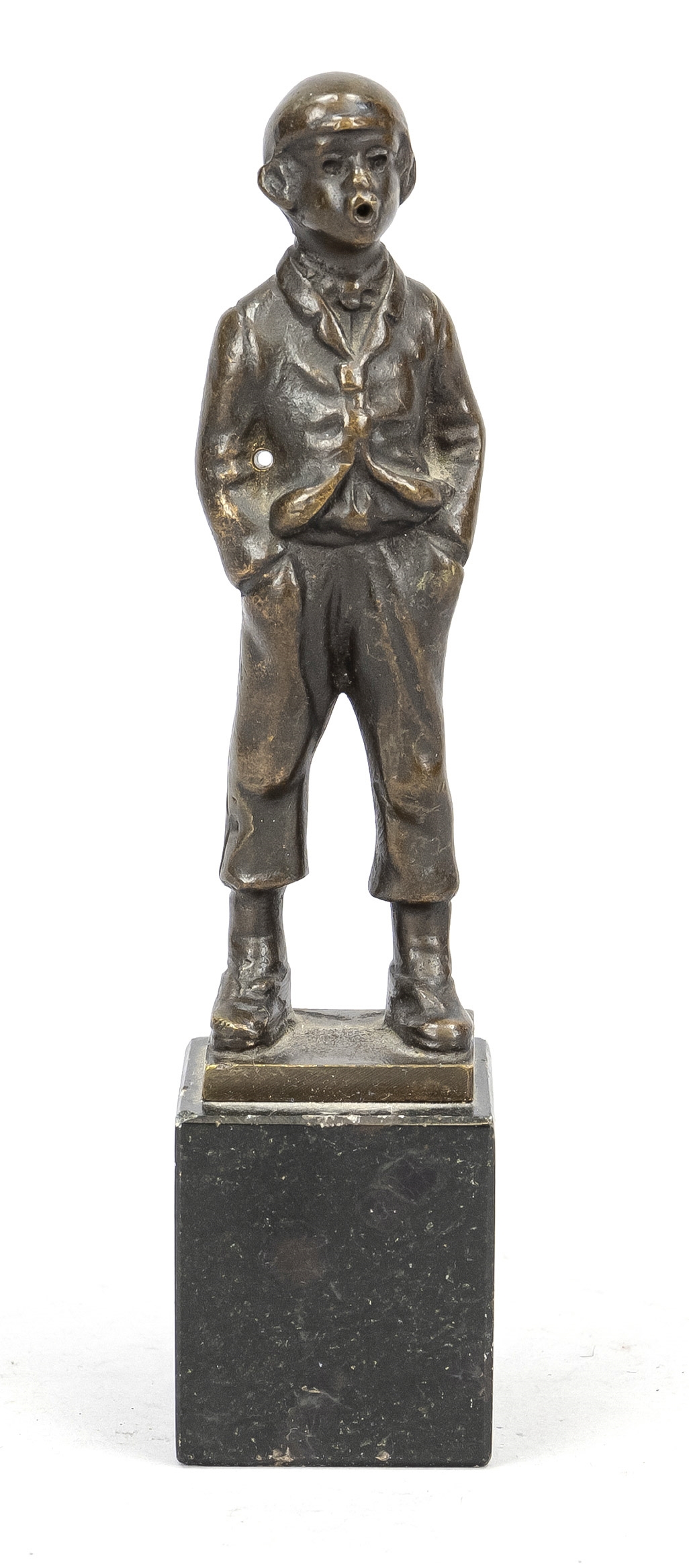 Artwork by M. Bauer, flötender Junge, Made of bronze, marble base