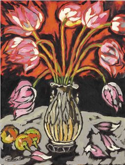 , zwei Gemälde, Blumenstillleben und Künstlerselbstportrait, Öl auf Lwd - Cao Giang