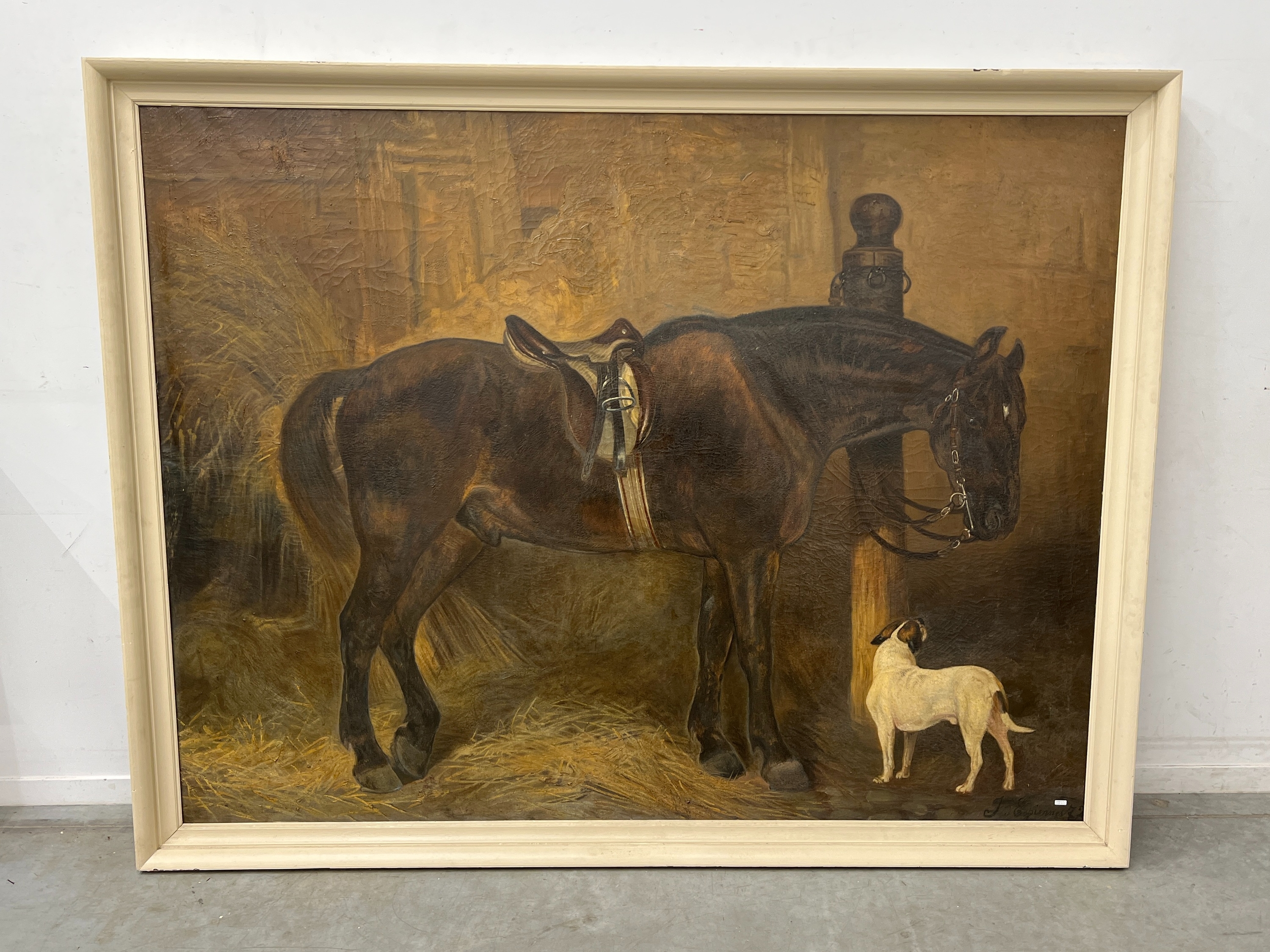 Artwork by Jeanne d'Espiennes, " Cheval et chien à l'écurie", Made of oil on canvas