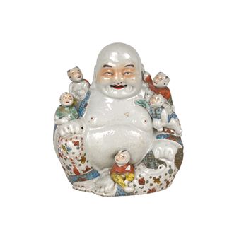A Late Qing Early Republic Famille rose laughing Buddha with five children climbing on this back - Chinese School