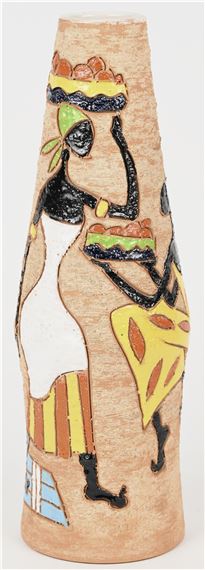 Een vintage geglazuurd keramische vaas met Afrikaanse taferelen, toegeschreven aan Fratelli Fanciullacci, made in Italy by Fratelli Fanciullacci