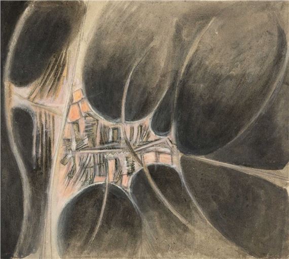 1999) mixed media on paper - semi-abstract landscape by Ernest Zobole