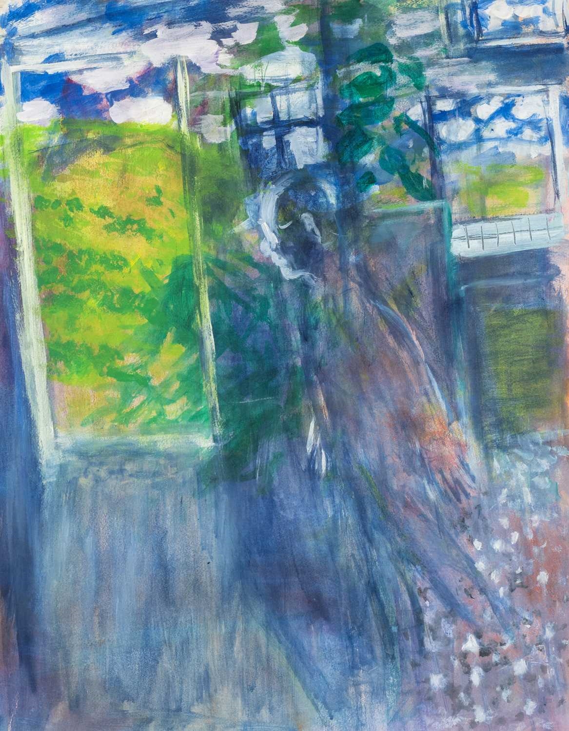 Artwork by Ernest Zobole, 1999) oil on paper - figure walking along street, Made of oil on paper