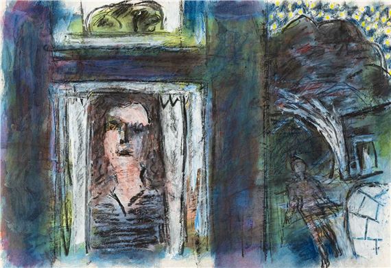 1999) mixed media - building with head at window and figure in street