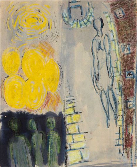 1999) mixed media on paper - street with figures and building by Ernest Zobole