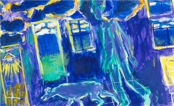 1999) oil on paper - figure walking through house with dog at night
