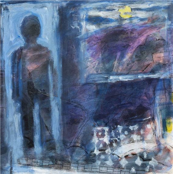 1999) mixed media on paper - nocturnal landscape with figure at doorway