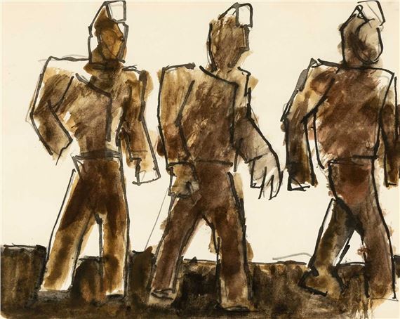 2000) pencil and ink wash - three walking miners by Josef Herman, circa 1990s