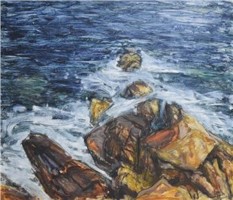 rocky coastal scene, unsigned, marked in ink John Higgins - John Higgins