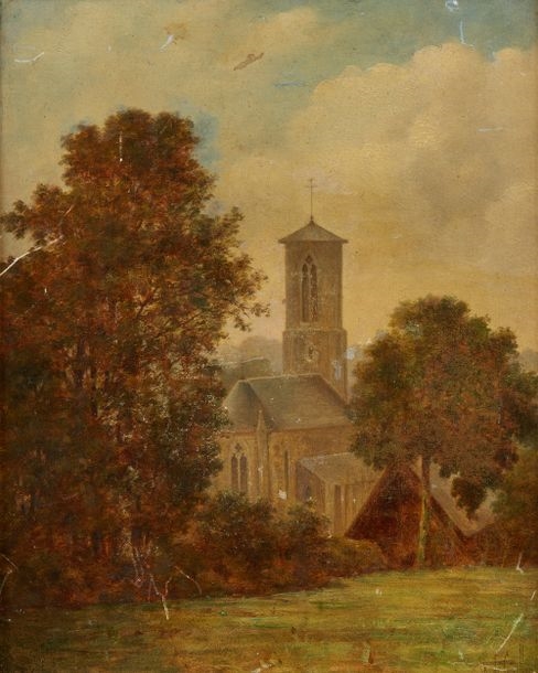 Artwork by Louis Robert de Cuvillon, Louis Robert de CUVILLON (1848-1931) View of a church Oil on panel signed lower right 24 x 19 cm, Made of Oil on panel