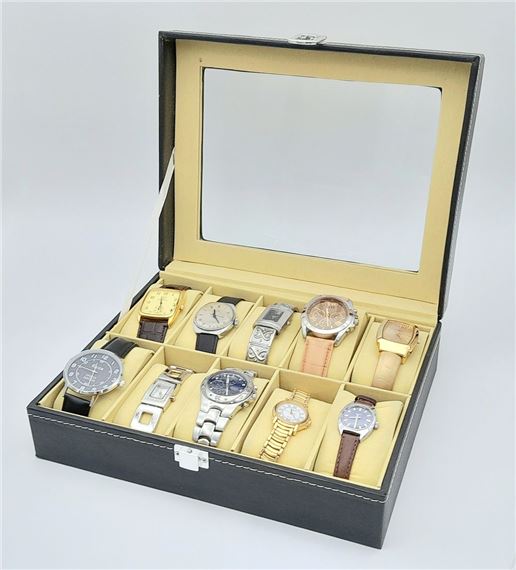 A Ten Watch Display Box Containing Ten Vintage